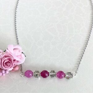 Delicate Pink Chalcedony and Gray Crystal Beaded Bar Necklace - Women Jewelry